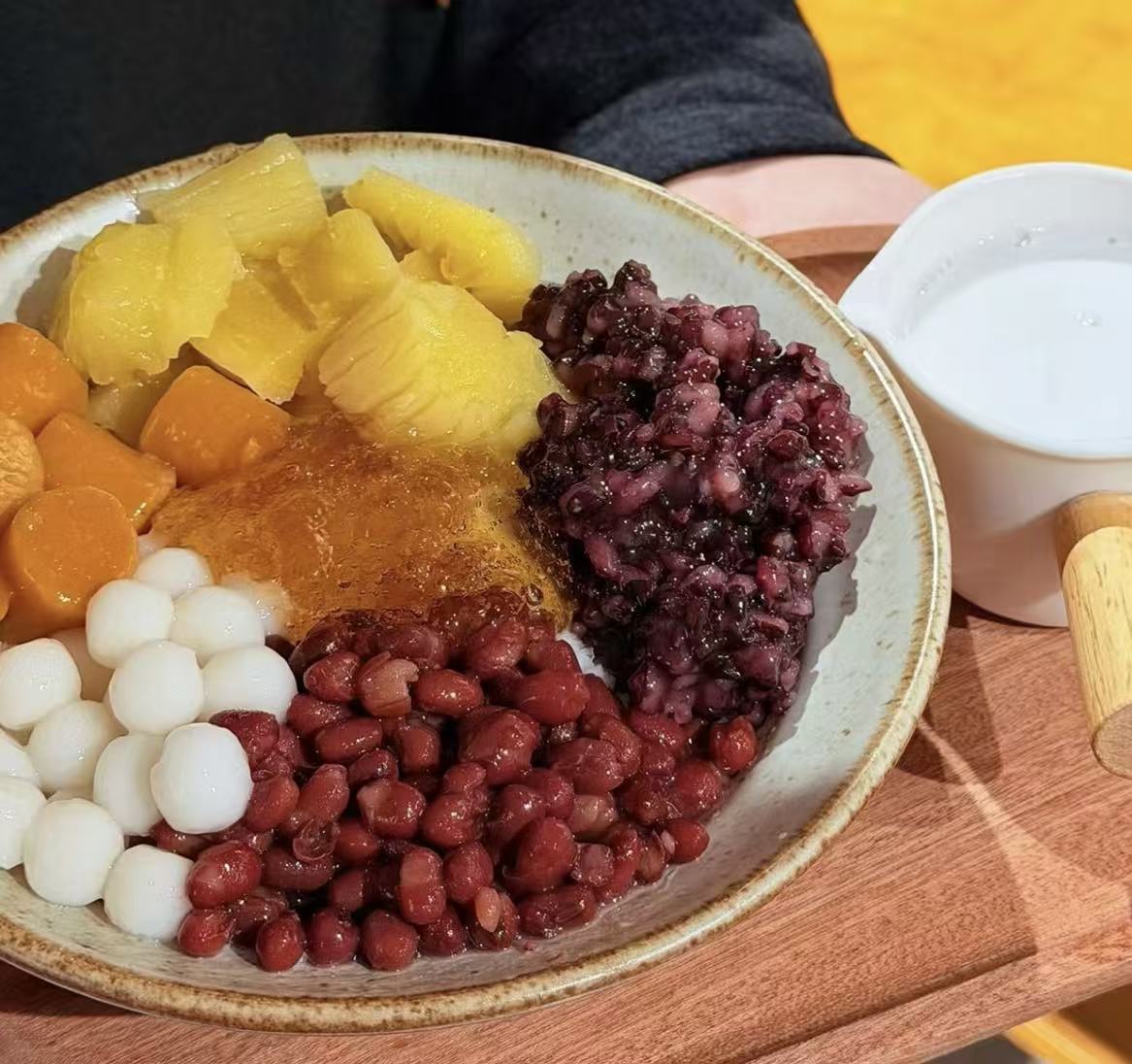 K-House-Chinese-Restaurant-Fruit-and-Rice-Combination-Bowl-Columbus Assorted bowl with pineapple, taro balls, red bean and black rice at K House, a Chinese Restaurant in Columbus