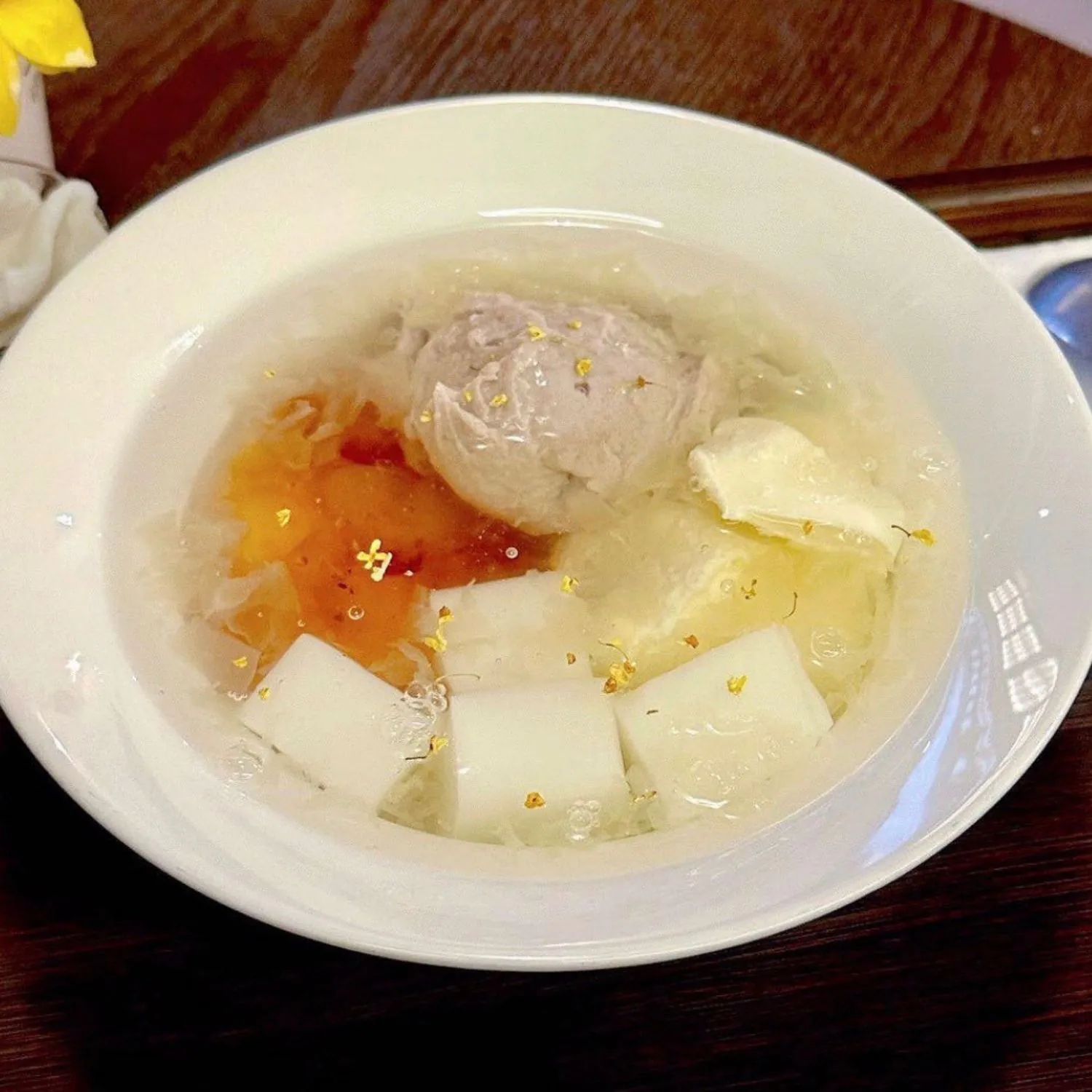 Tofu pudding with taro ball, snow fungus and osmanthus at K House, a Chinese Restaurant in Columbus